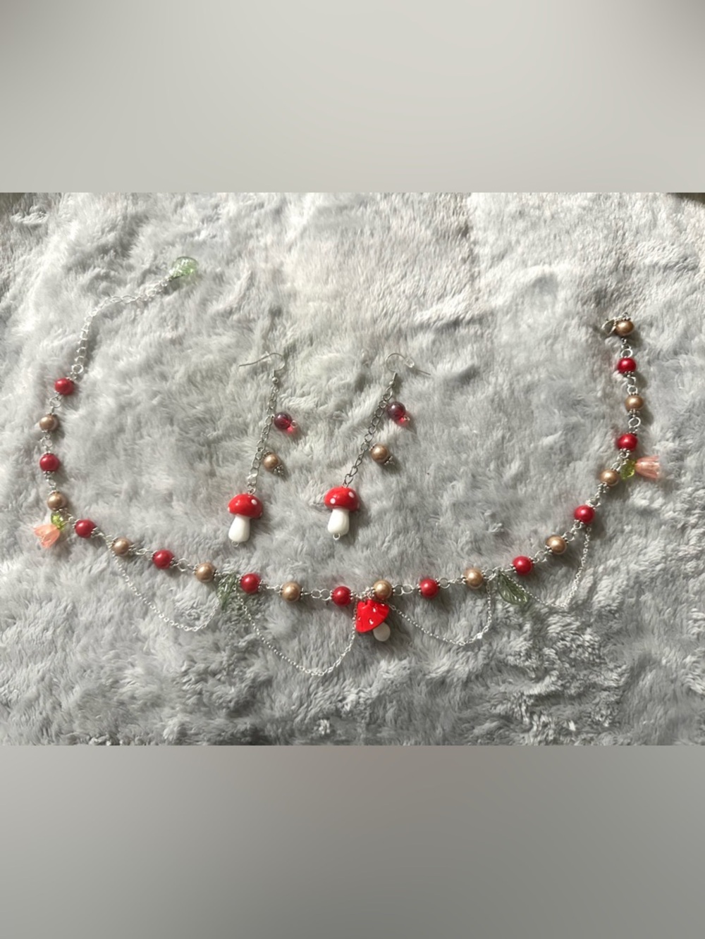 Red Mushroom Bead Necklace & Earring Set - Women Jewelry